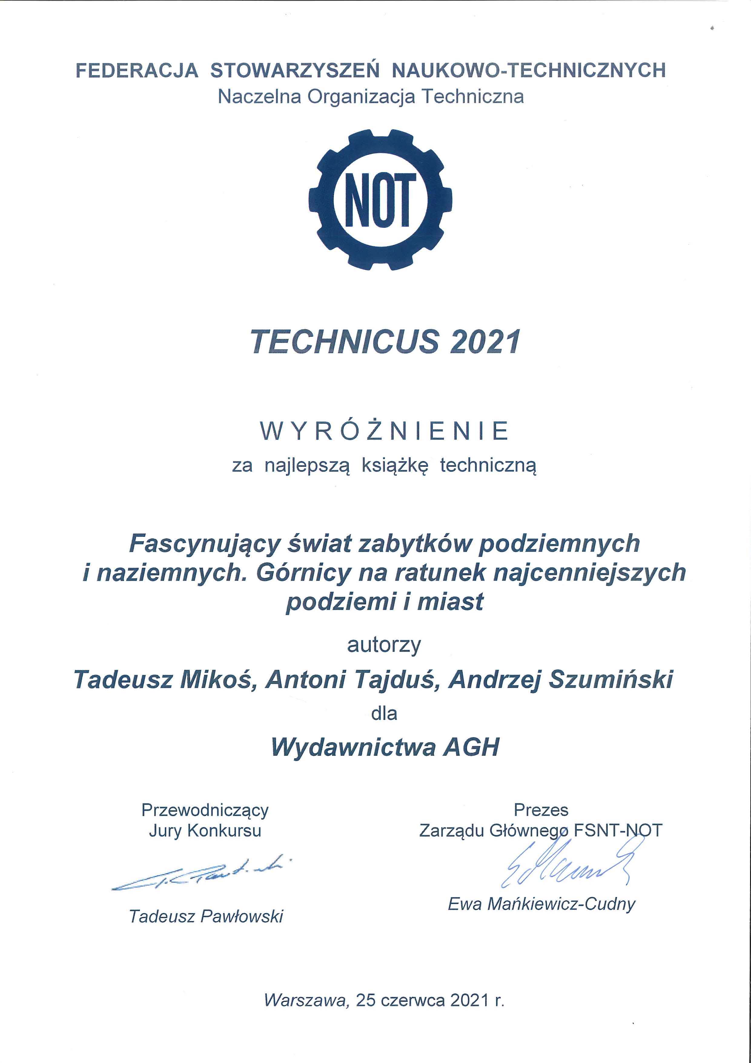 TECHNICUS 2021 - wyróżnienie dla Wydawnictw AGH